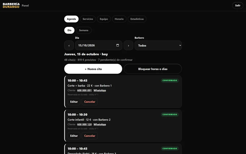 Agenda de hoy: 48 citas, cada una con su barbero, su estado y su teléfono