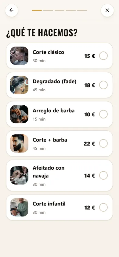 Paso 1 · Servicio: Con precio y duración de cada corte