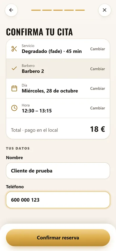 Paso 5 · Nombre y teléfono: Resumen de la cita antes de confirmar