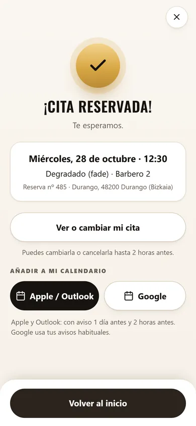 Cita reservada: Con botón para añadirla al calendario del móvil