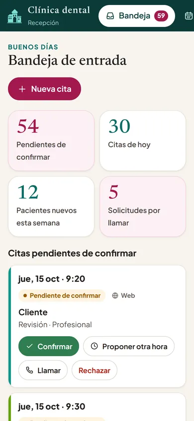 Recepción desde el móvil: Confirmar, proponer otra hora o llamar