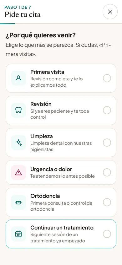 Paso 1 · Motivo: Primera visita, revisión, limpieza, urgencia…