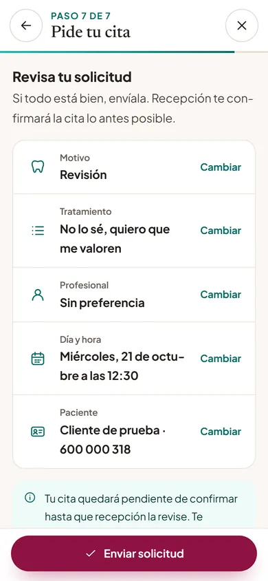 Paso 7 · Revisa: Queda pendiente hasta que recepción la confirma