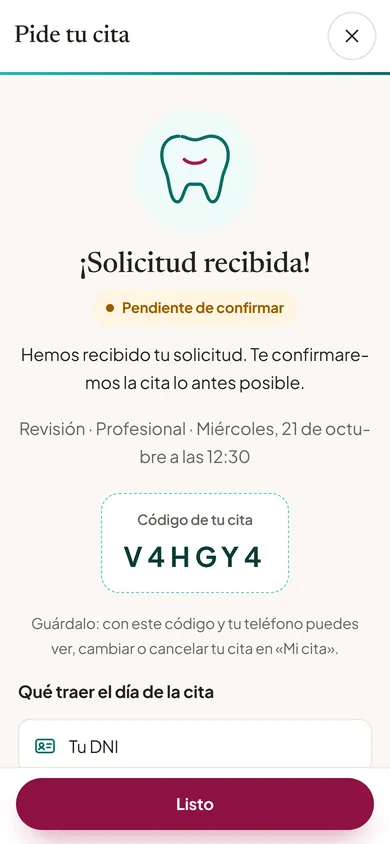 Solicitud recibida: Con código para consultarla en «Mi cita»