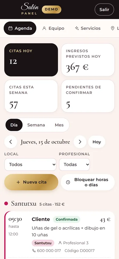 El panel en el móvil: Cada cita con su nota, su local y su profesional