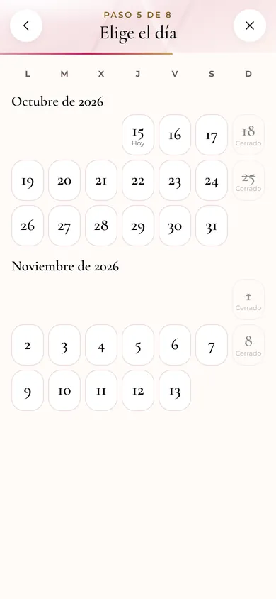 Paso 4 · Día: Calendario con los domingos cerrados