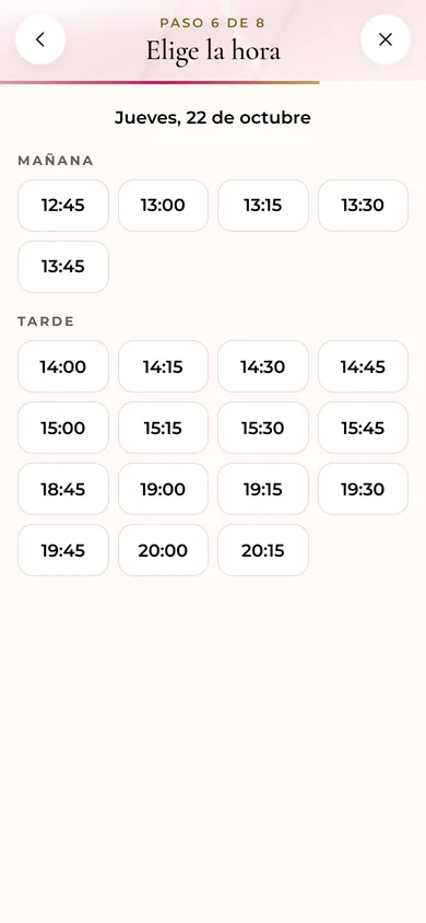 Paso 5 · Hora: Horas cada 15 minutos según lo que dura la cita