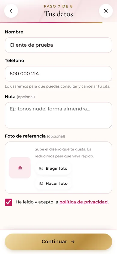 Paso 6 · Datos: Con nota y foto del diseño que quiere